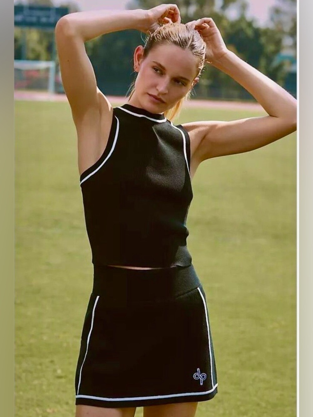 Anthropology dp Active Black Knit Skirt Set with White Trim